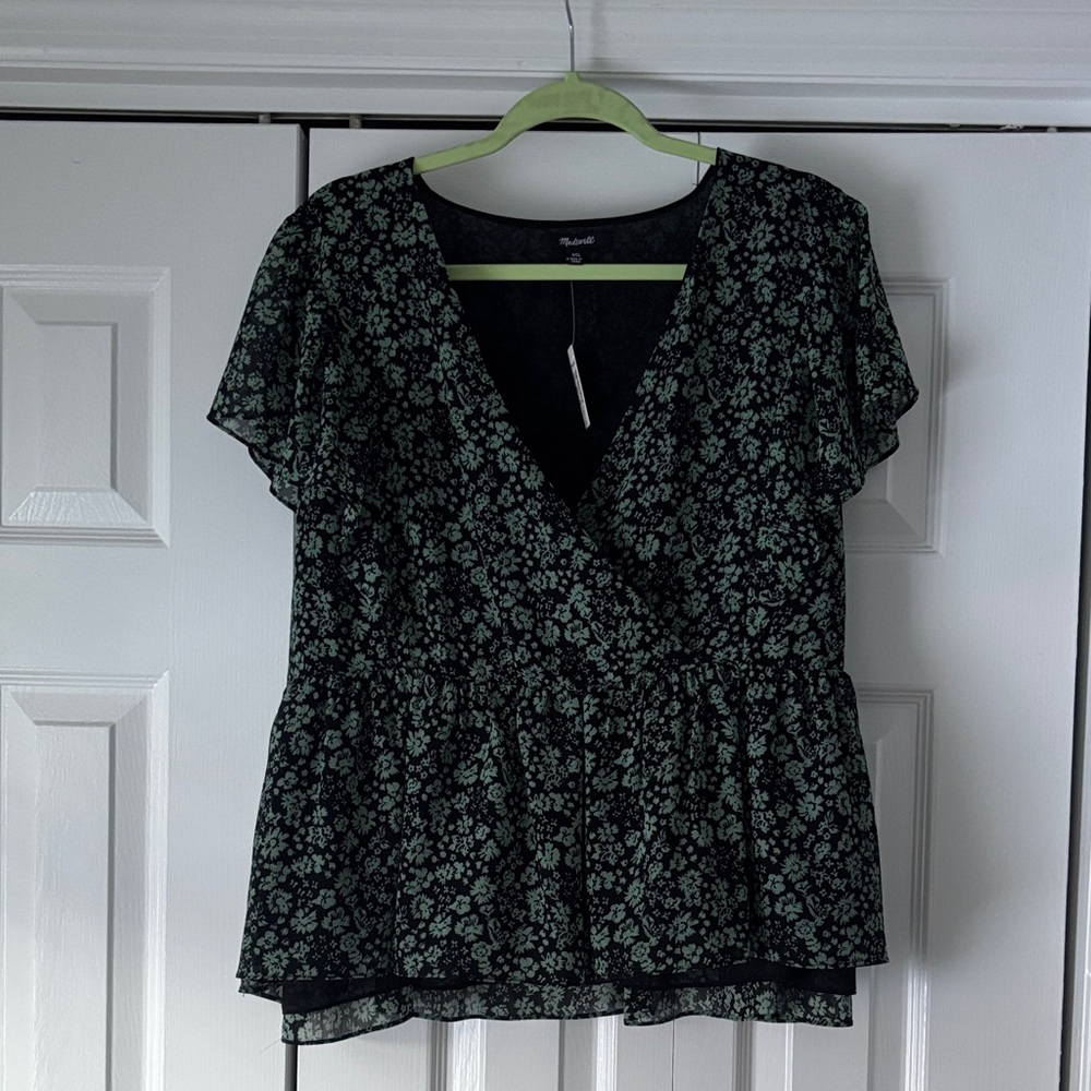Madewell Black and Green Floral Blouse